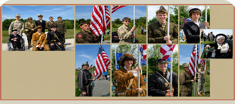 People in historical military uniforms holding flags.