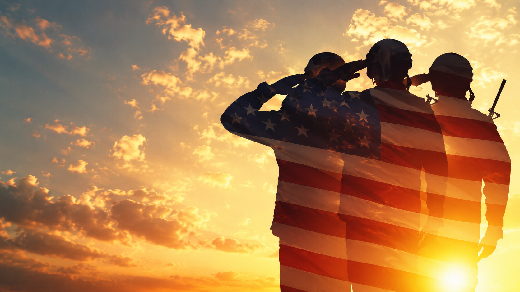 Silhouetted soldiers with American flag overlay.