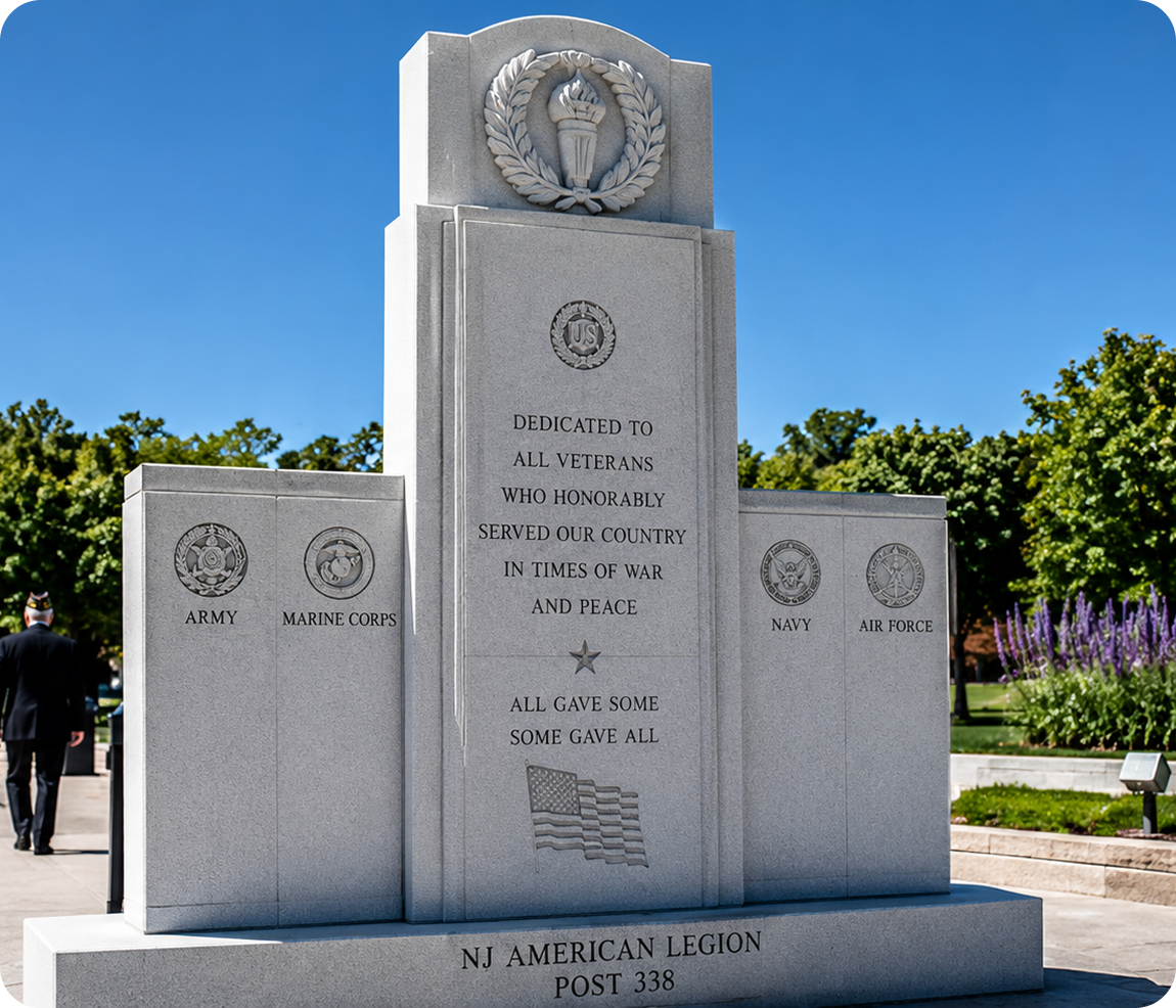 Veterans monument honoring military service branches.