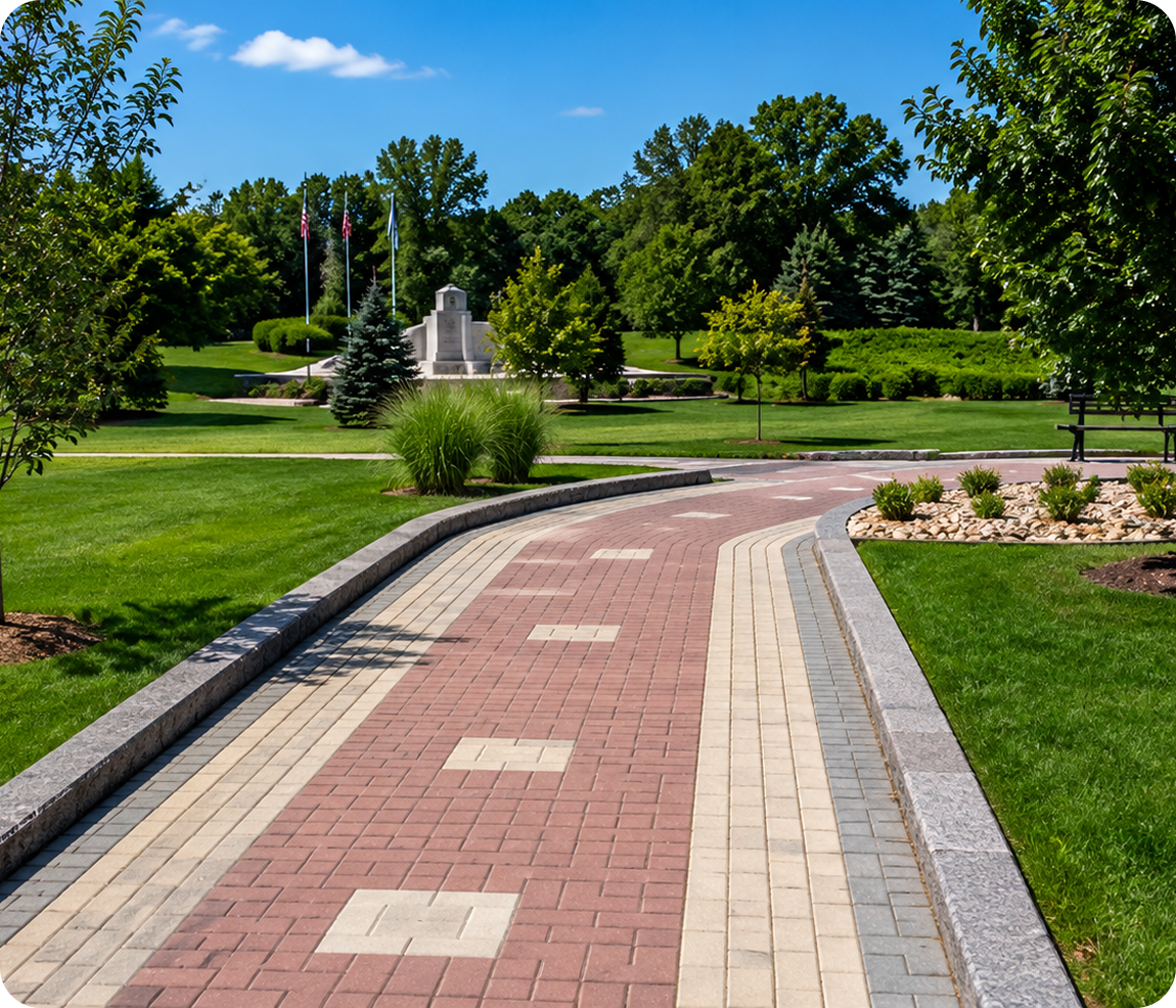 Park pathway with trees and monument ahead.