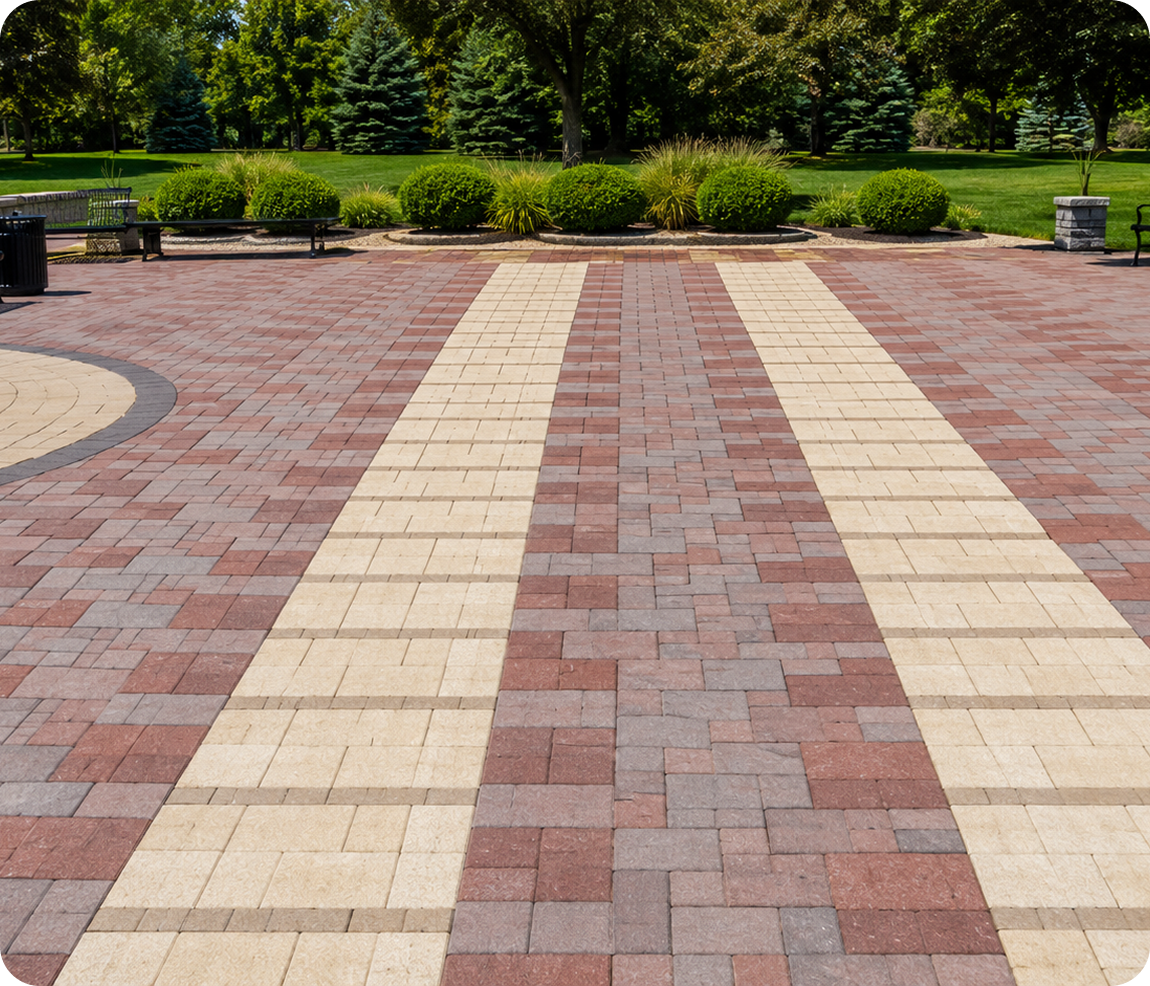 Patterned brick patio with surrounding greenery.