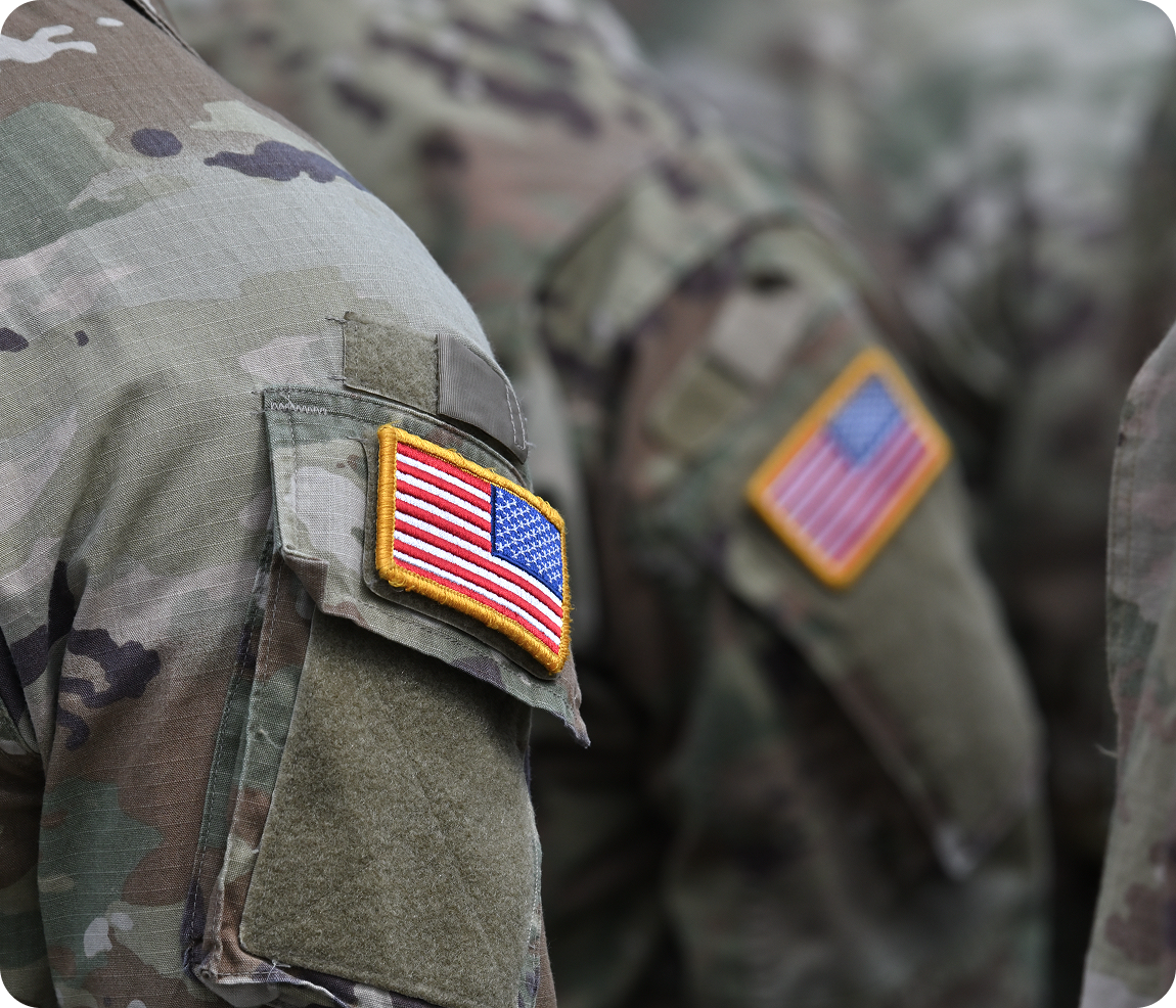 Soldiers in camouflage uniforms with American flags.