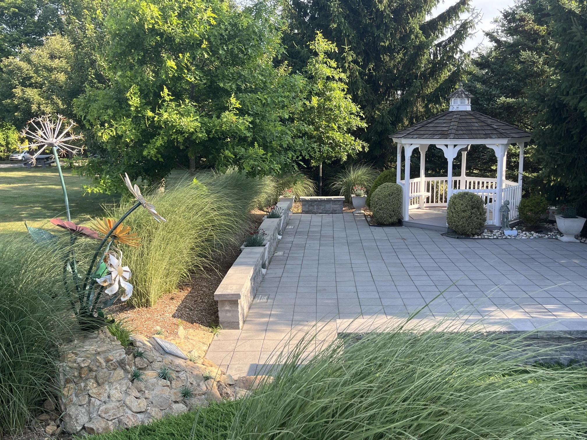 Outdoor patio with lush greenery