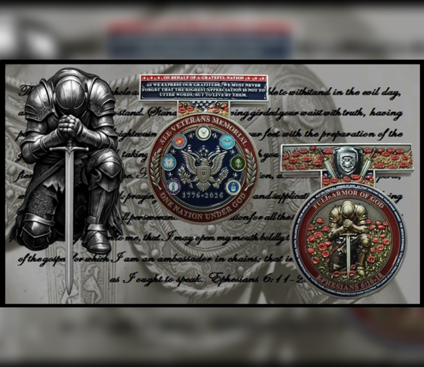Knight, medals, and text on a background.