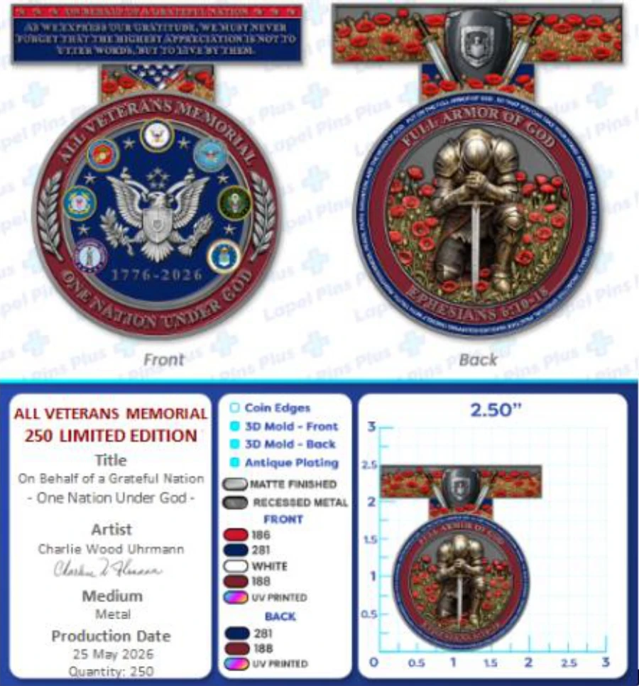 Commemorative veterans medal design with intricate details.