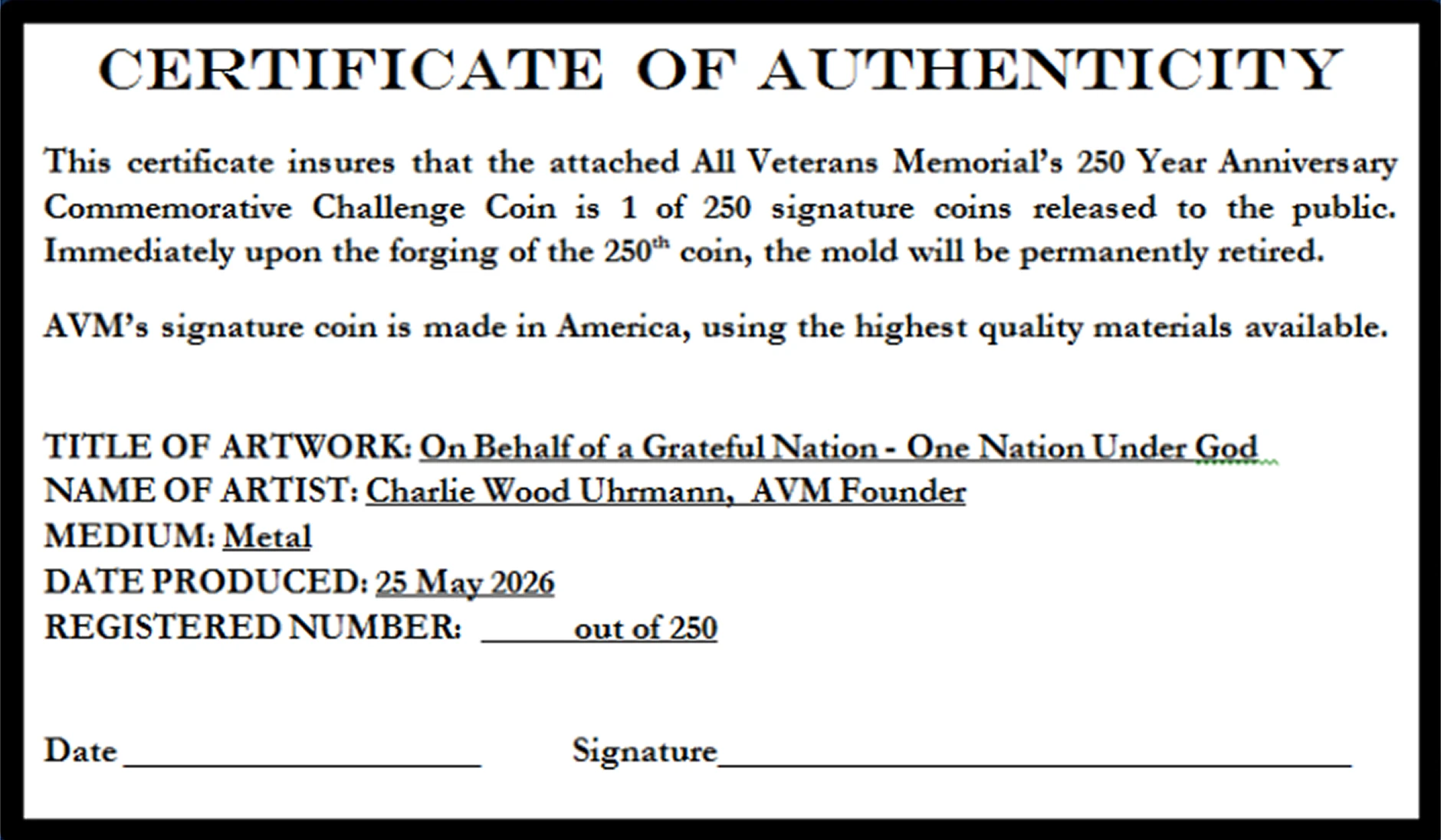 Certificate of Authenticity for commemorative coin.