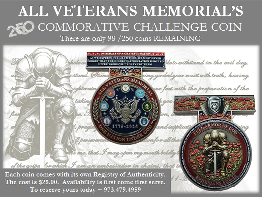 Veterans Memorial commemorative challenge coin advertisement.
