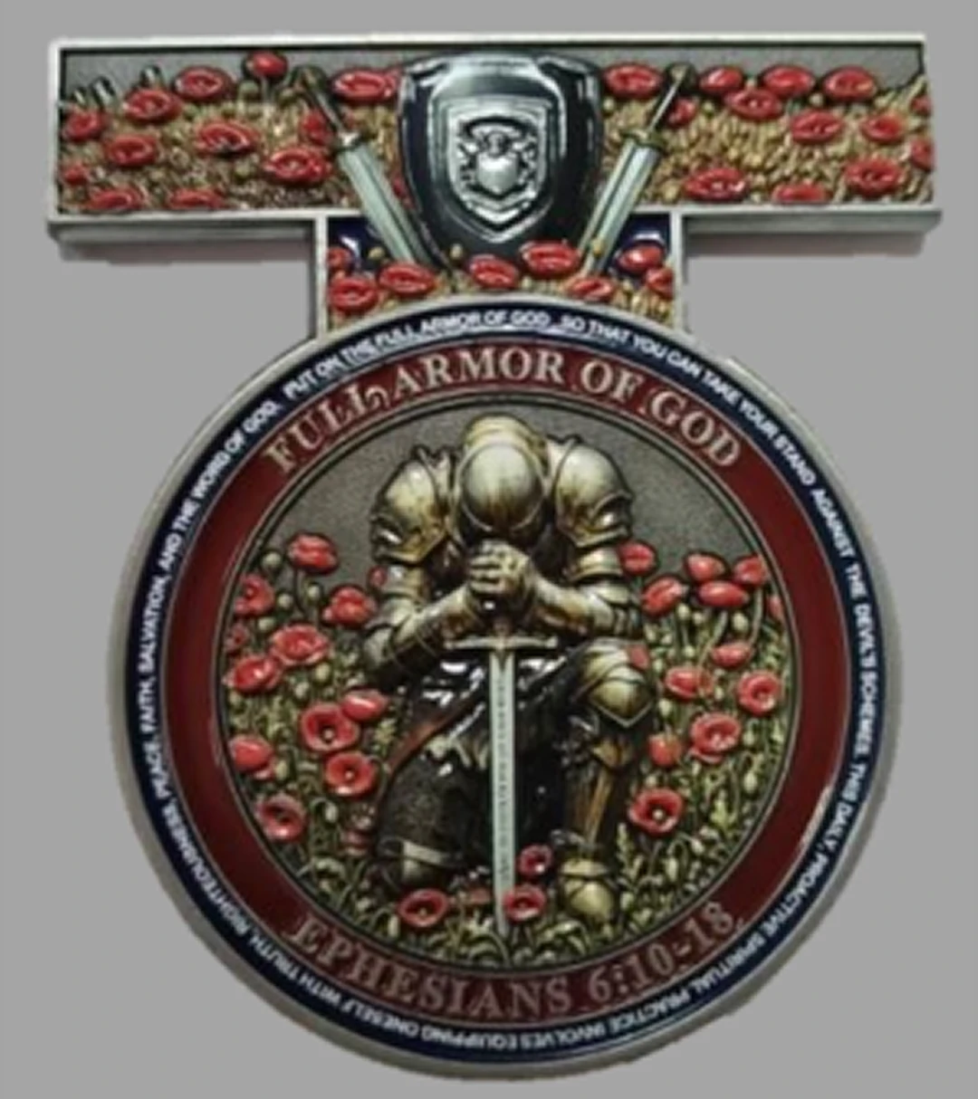 Medal with armored knight and red flowers.